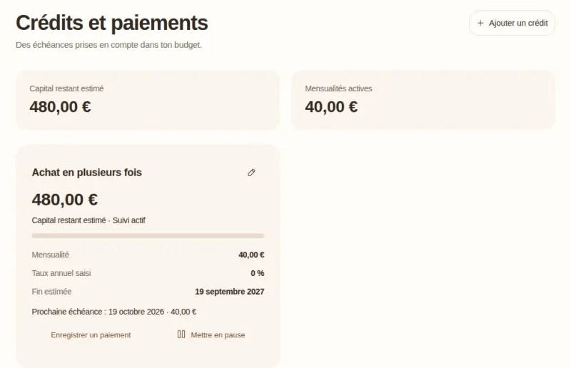 Page Crédits et paiements de Goldy : un achat en plusieurs fois avec son capital restant estimé, sa mensualité et sa fin estimée.