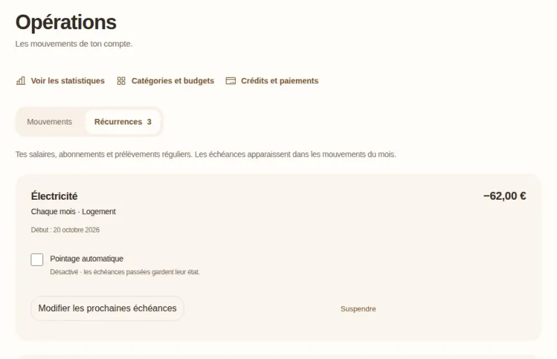 Onglet Récurrences de Goldy : un prélèvement d’électricité mensuel de 62 €, avec le pointage automatique désactivé.